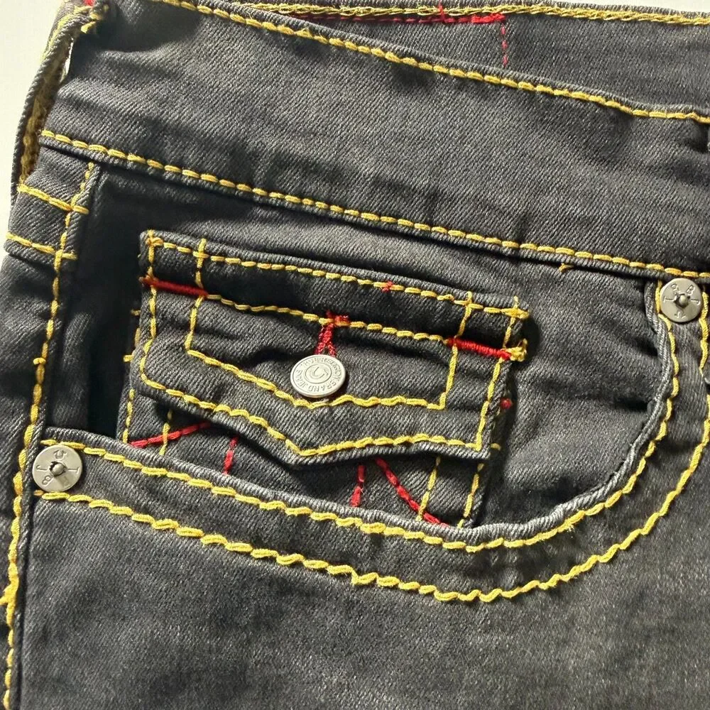 True Religion Geno Relaxed Slim Black Jeans Red Stitch Flap Pocket Men’s 38x31